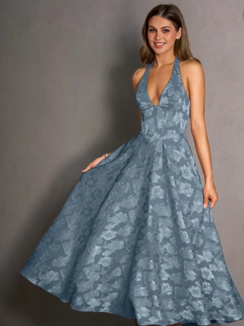 Azazie Isabeau Dusty Blue Midi Dress